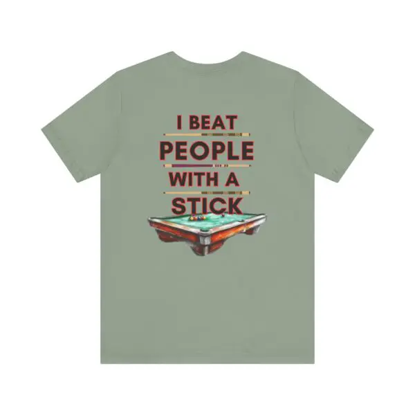 Green shirt with humorous billiards-themed text.