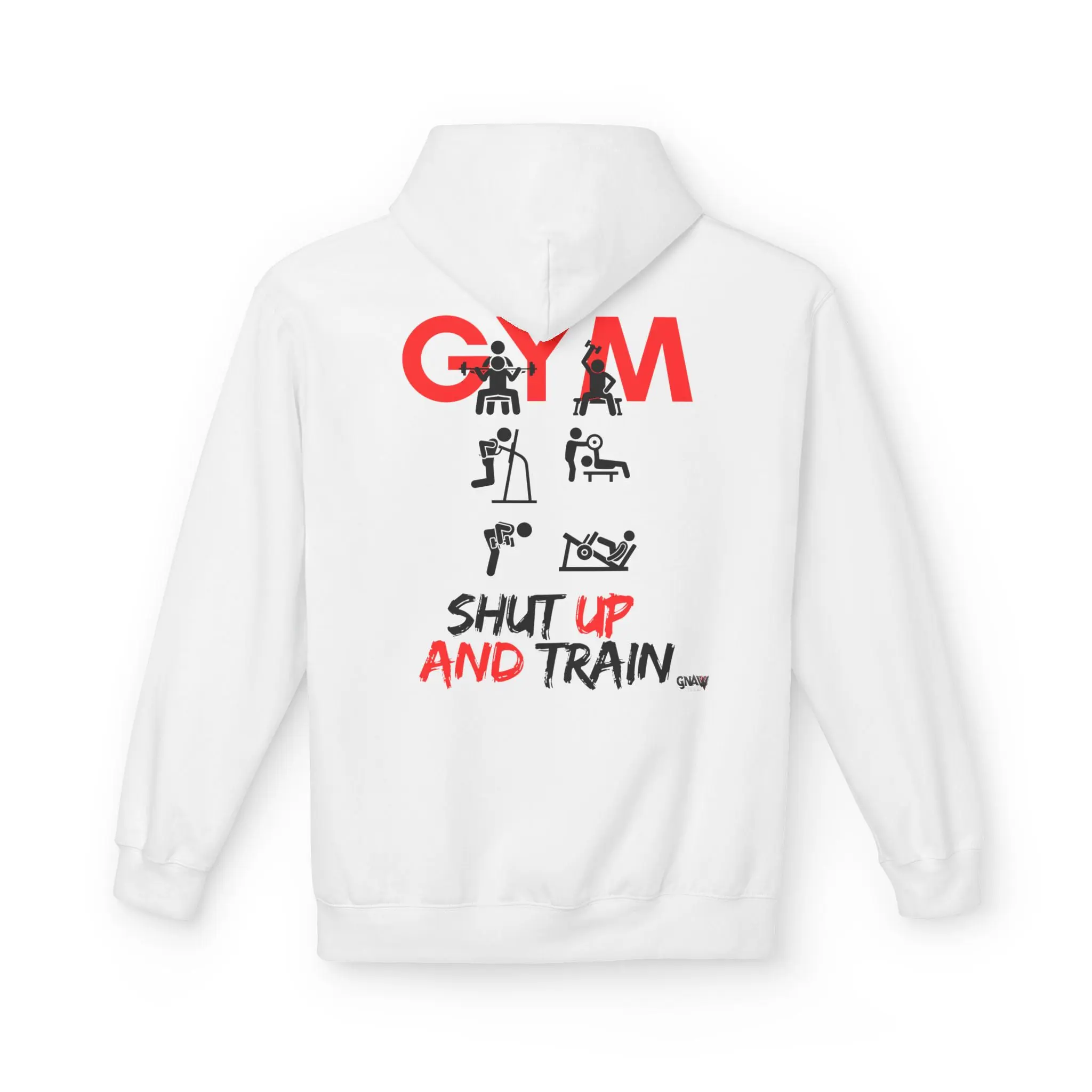 White hoodie with gym motivational text.