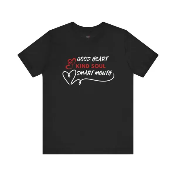 Black t-shirt with heart and text design.