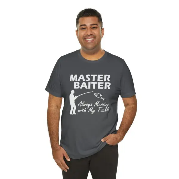 Man wearing humorous fishing-themed T-shirt.