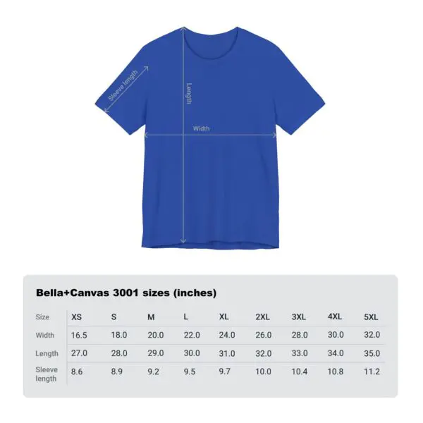 Blue T-shirt with size chart displayed.