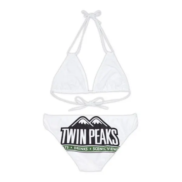 White bikini with "Twin Peaks" logo design.
