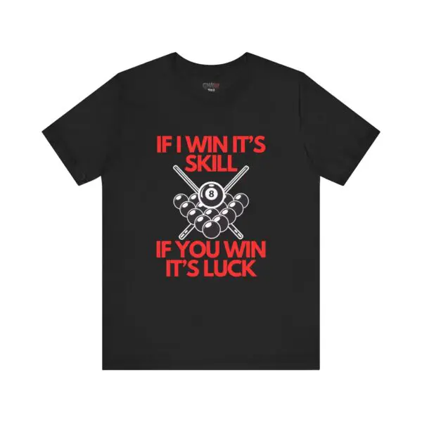 Black t-shirt with billiards-themed text design.