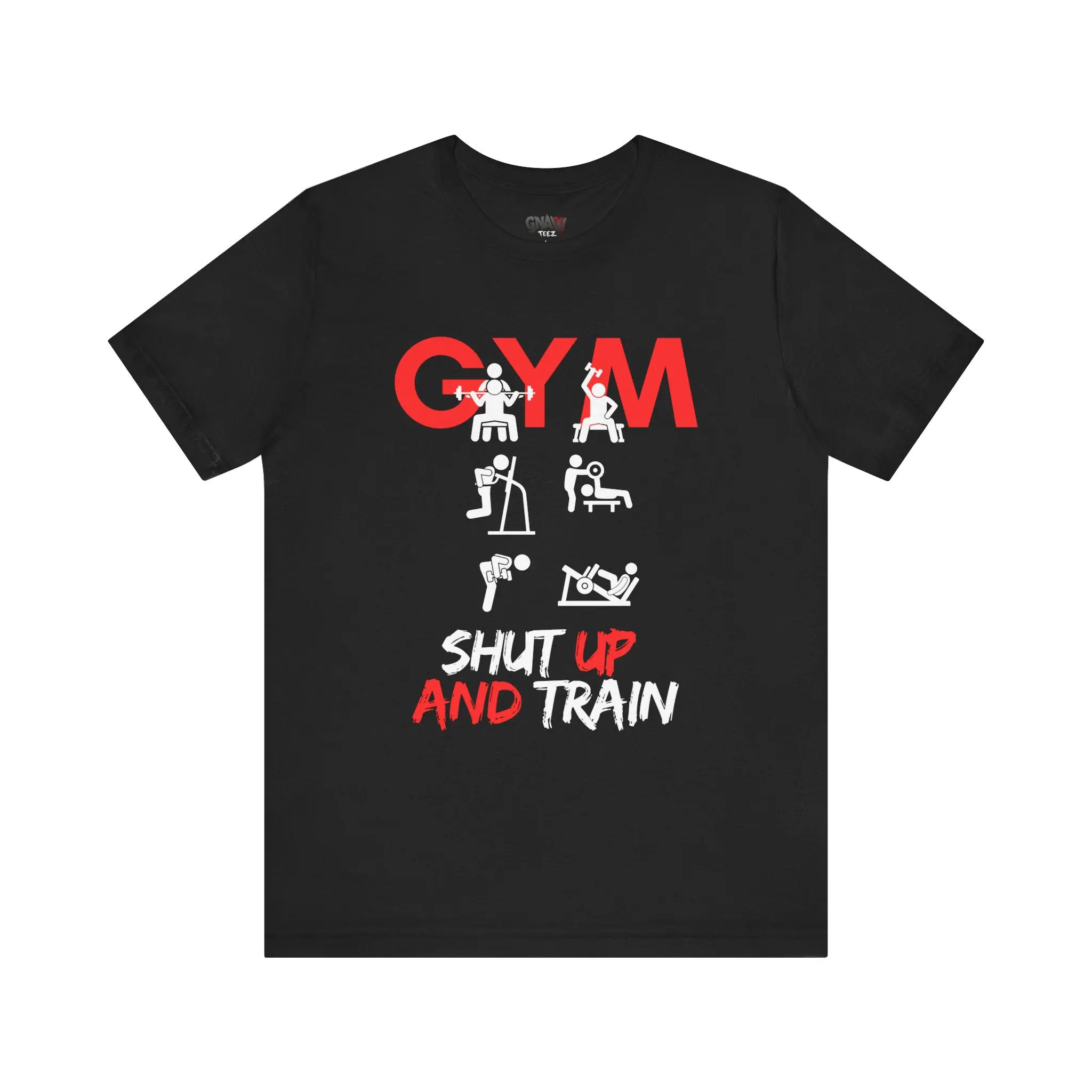 Black gym t-shirt with motivational text.
