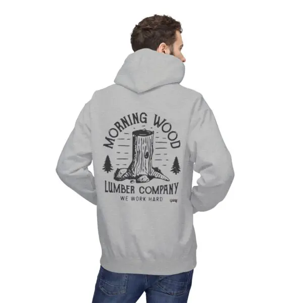 Man wearing hoodie with lumber company logo.