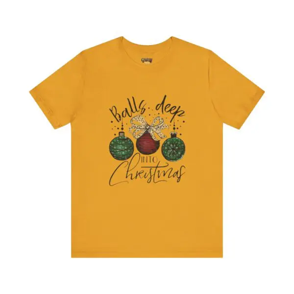 Yellow T-shirt with Christmas ornament design.