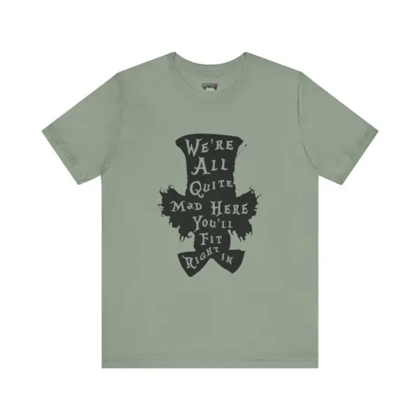 Green shirt with whimsical text design.