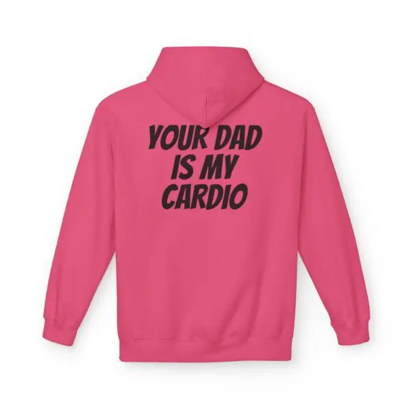 Pink hoodie with humorous text on back.