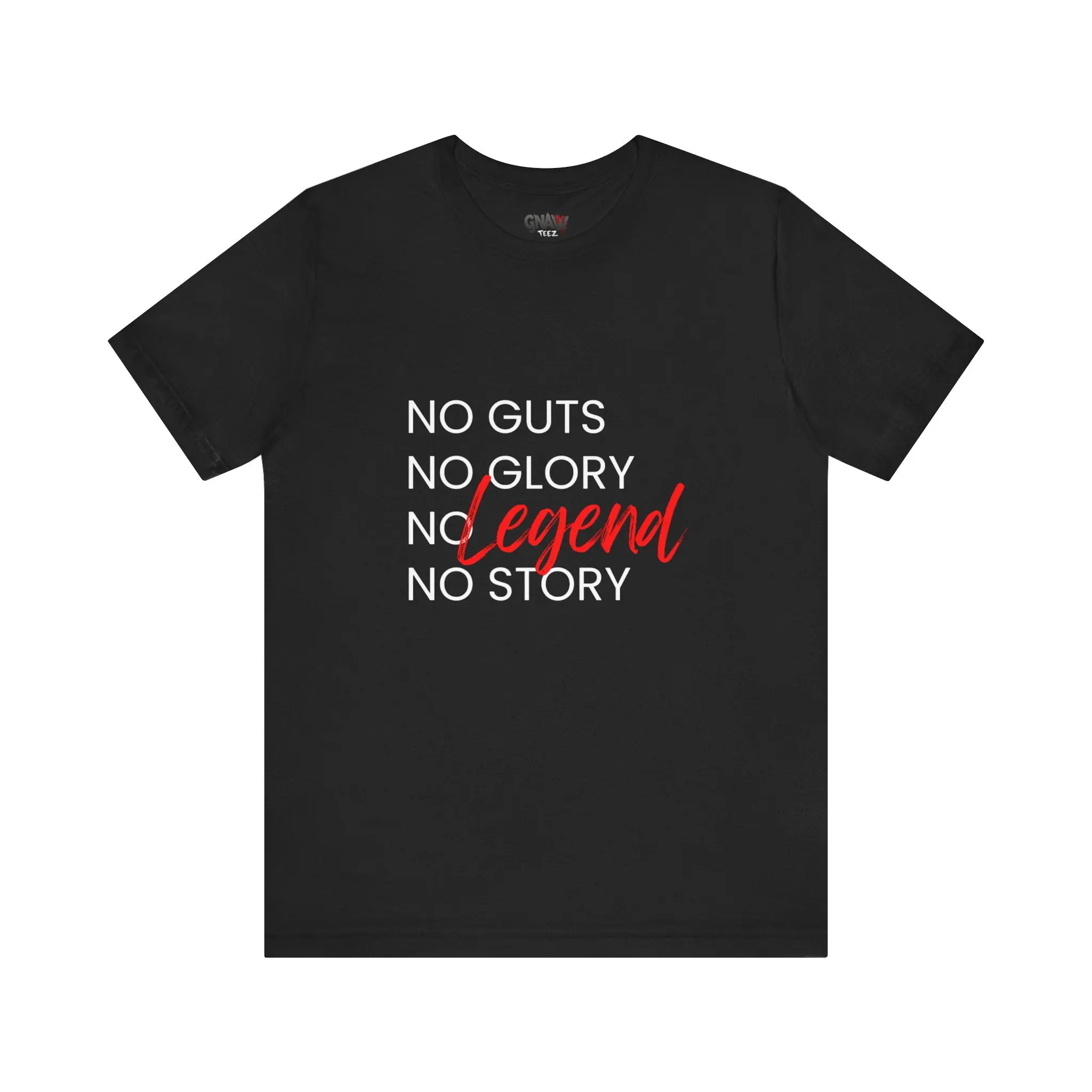 Black T-shirt with motivational quote design.