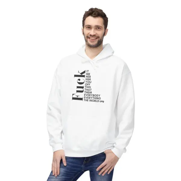 Man wearing a white hoodie, smiling.