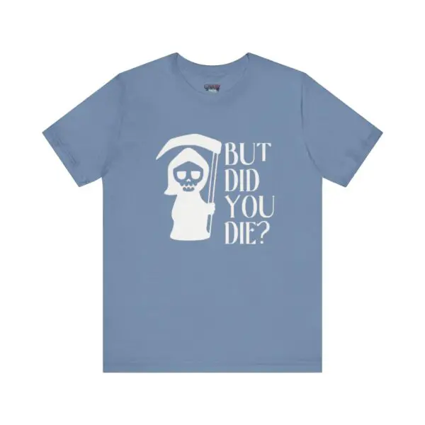 Blue t-shirt with grim reaper design.