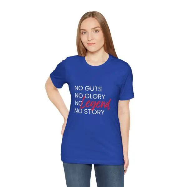 Woman in blue shirt with motivational text.