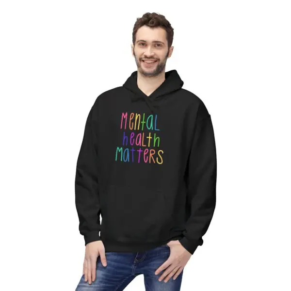 Man wearing "Mental Health Matters" hoodie.