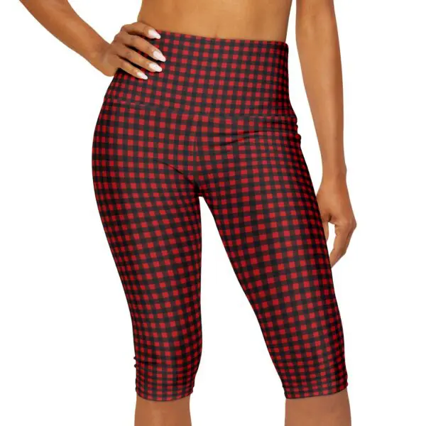 Red and black checkered high-waisted leggings.