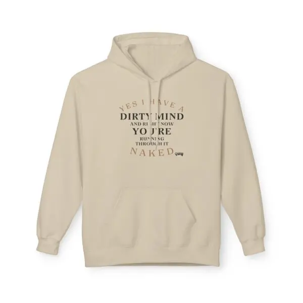 Beige hoodie with humorous printed text.