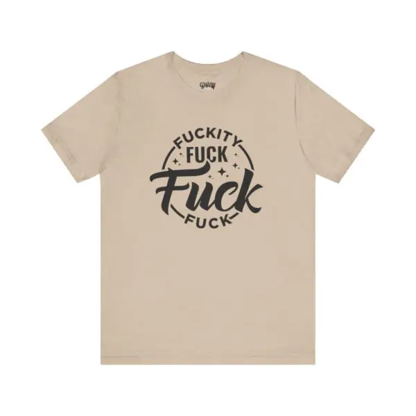Beige t-shirt with bold black text design.