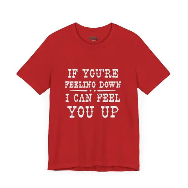 Red shirt with motivational text design.