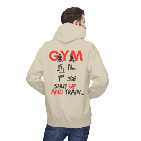 Man wearing gym-themed hoodie, motivational text.