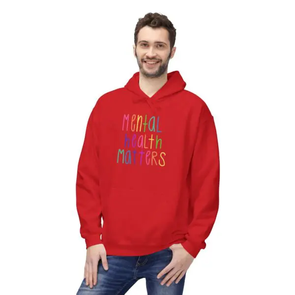 Man wearing red "Mental Health Matters" hoodie.