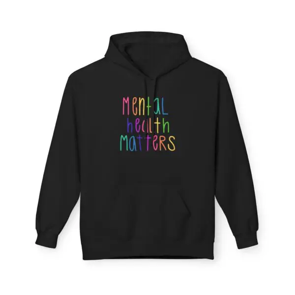 Black hoodie with "Mental Health Matters" text.