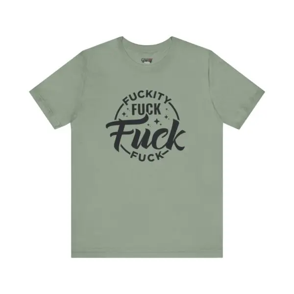 Green T-shirt with bold, playful text design.