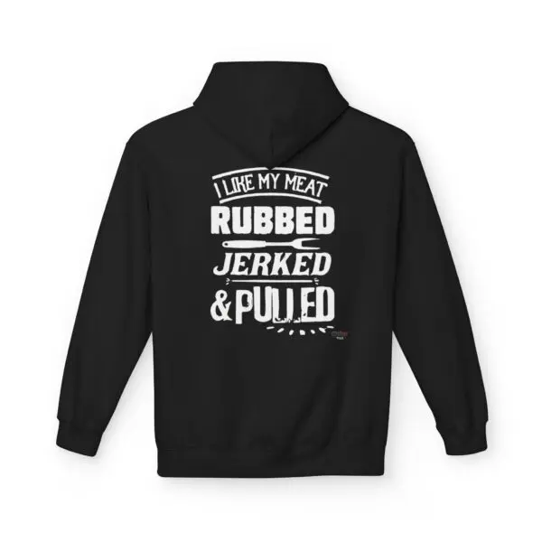 Black hoodie with BBQ-themed text design.