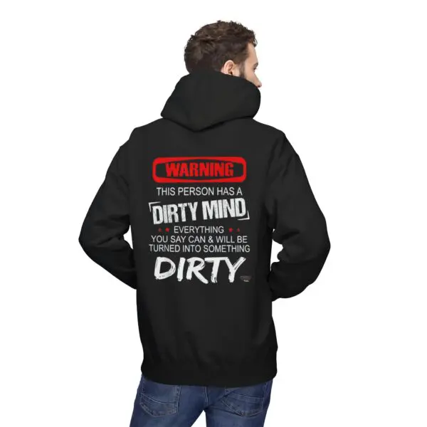 Man in hoodie with humorous warning text.
