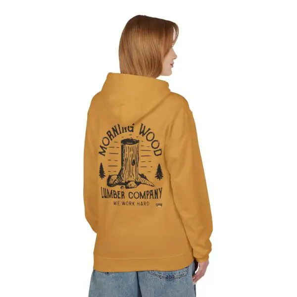 Person wearing a yellow hoodie with print.