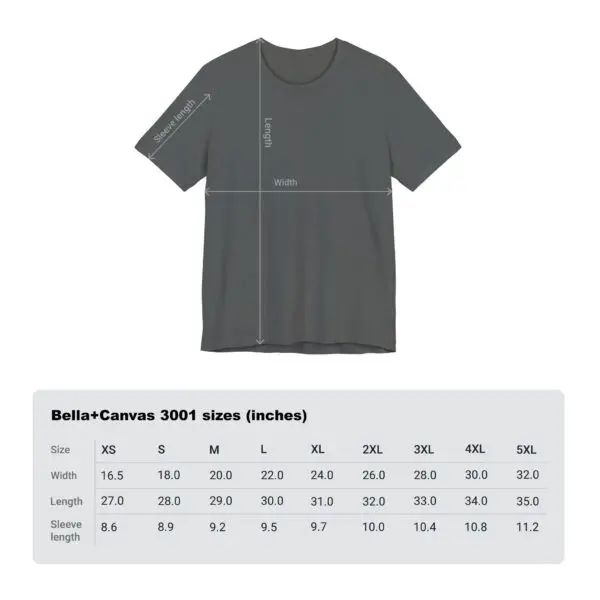 T-shirt size chart with measurements table.