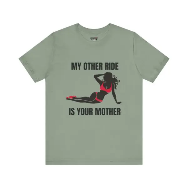 Green t-shirt with humorous printed text.
