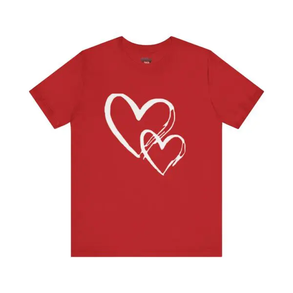 Red t-shirt with two white heart designs.