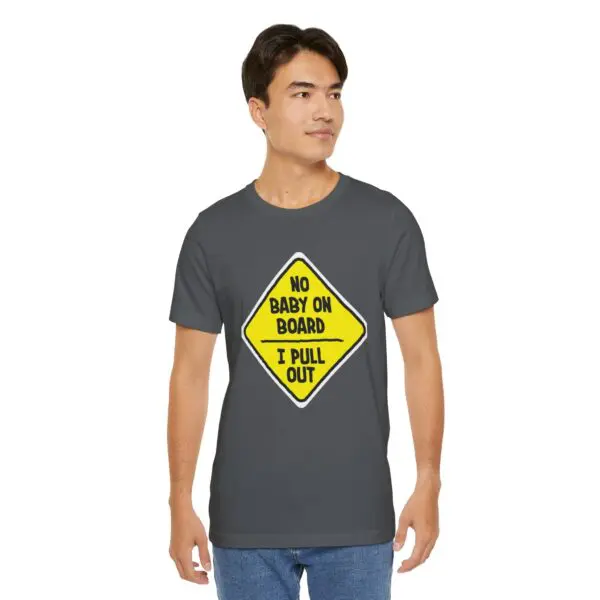 Man wearing humorous text t-shirt.