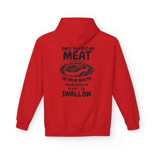 Red hoodie with humorous meat-themed text.