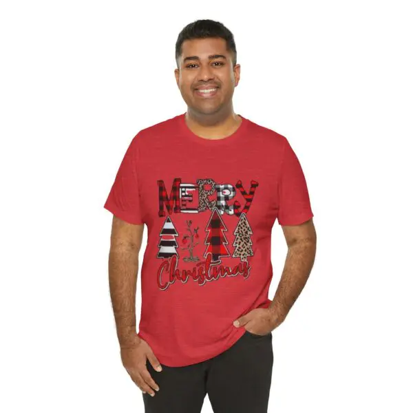 Man wearing "Merry Christmas" red T-shirt.