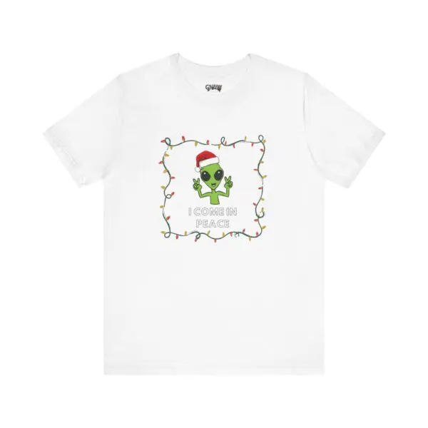 Alien in Santa hat on white shirt.