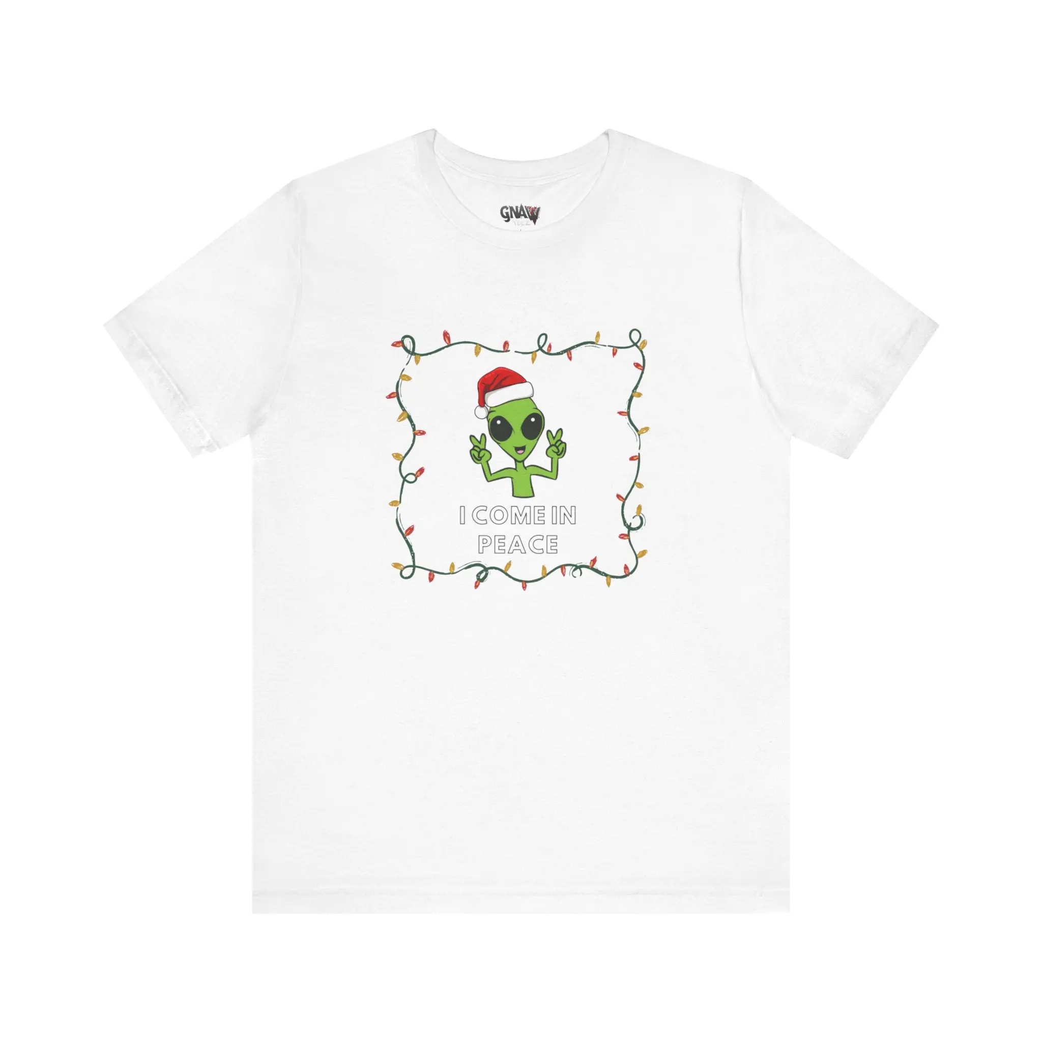 Alien in Santa hat on white shirt.