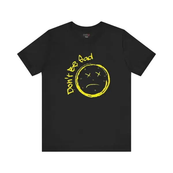Black t-shirt with yellow sad face design.