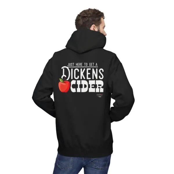 Man wearing hoodie with humorous cider text.