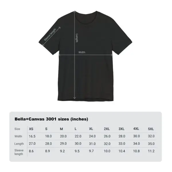 T-shirt size chart with measurements.