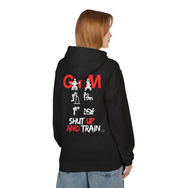 Person wearing gym-themed black hoodie.
