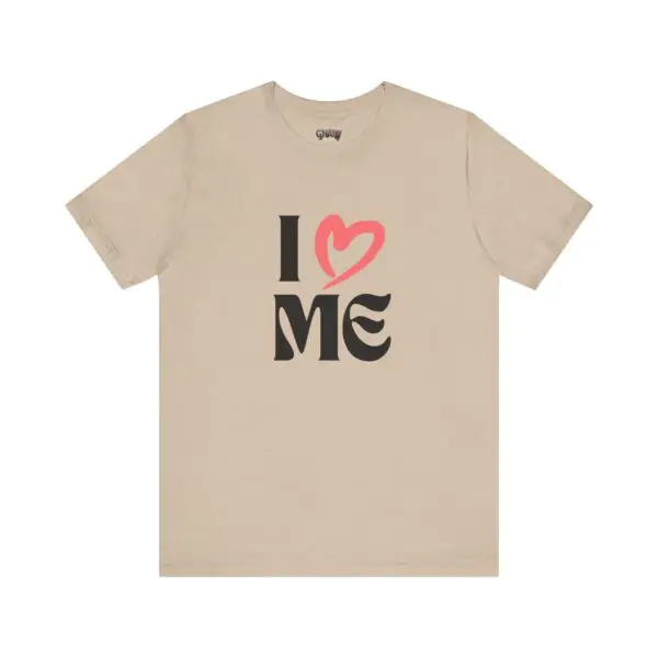 Beige t-shirt with "I Love Me" design.