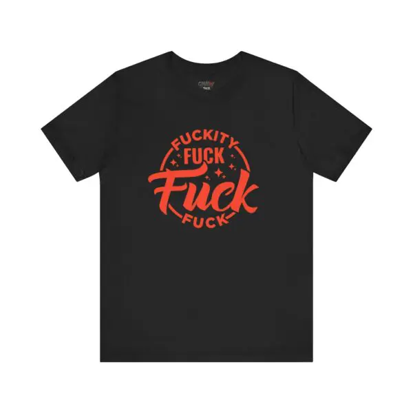 Black T-shirt with red graphic text design.