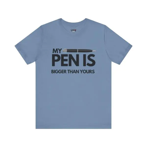 Blue t-shirt with humorous pen graphic.