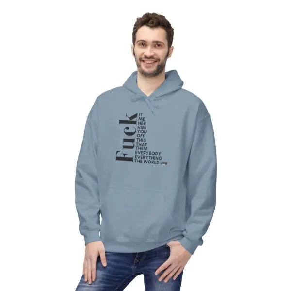 Man wearing blue hoodie with text design.