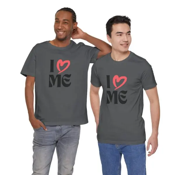 Two men wearing "I Love Me" shirts.