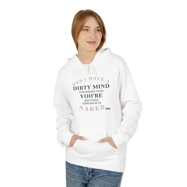 Woman wearing white hoodie with text print.