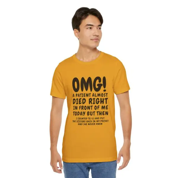 Man wearing a humorous text t-shirt.