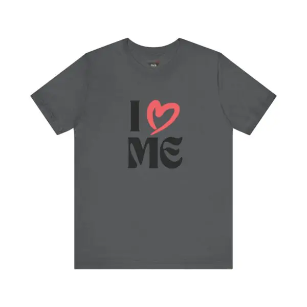 Gray t-shirt with "I Love Me" design.