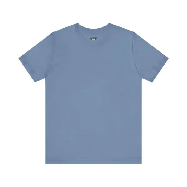 Blue short-sleeve plain t-shirt on display.
