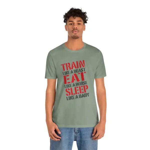 Man wearing motivational slogan t-shirt.